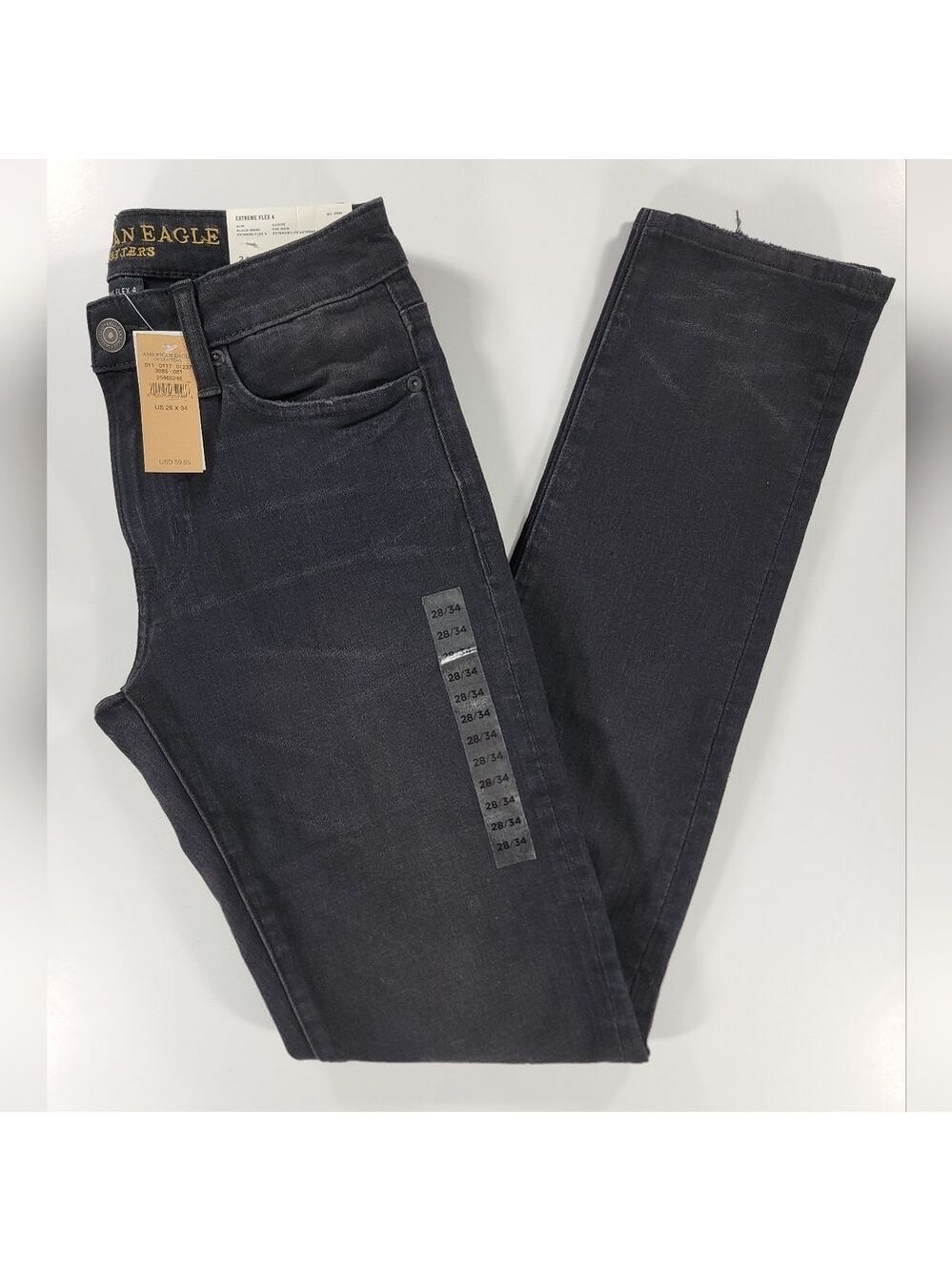 NEW AMERICAN EAGLE EXTREME FLEX 4 SLIM JEANS BLACK DISTRESSED MENS 28X34 NWT